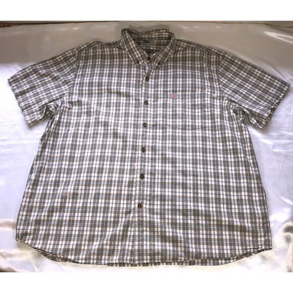 Carhartt Relax Fit Plaid Button Shirt Short Sleeve Olive Green White Mens Sz 3XL - Picture 1 of 11